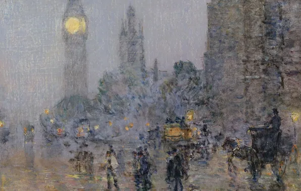Картина, городской пейзаж, Frederick Childe Hassam, Чайльд Гассам, Ноктюрн. Биг-Бен