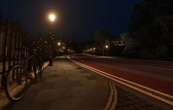 HDR, Night, Street, Edinburgh, Game, Trees, Bikes, Houses