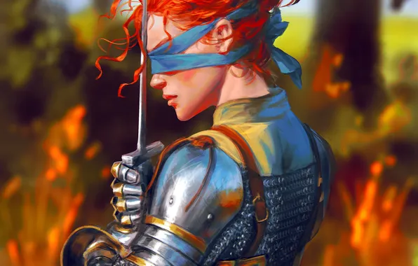 Girl, sword, fantasy, armor, redhead, digital art, artwork, warrior