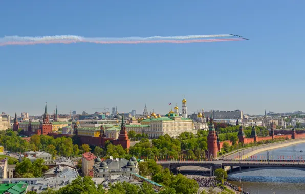 Картинка мост, река, панорама, Москва, Кремль, Россия, самолёты, Москва-река
