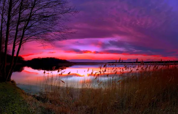 Картинка закат, природа, озеро, вечер
