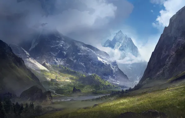 Горы, здание, долина, Environment, Valley Day