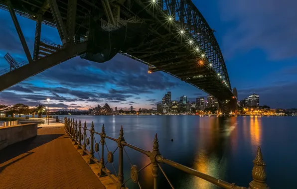 Картинка ночь, мост, город, освещение, Австралия, залив, Сидней