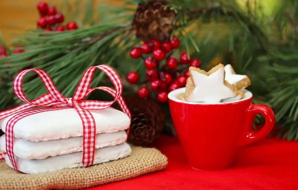 Зима, ветка, Новый Год, печенье, Рождество, чашка, Christmas, красная