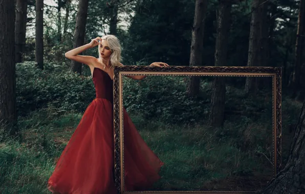 Картинка лес, девушка, настроение, рама, красное платье