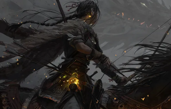 Небо, девушка, светлячки, лошадь, лук, Guweiz