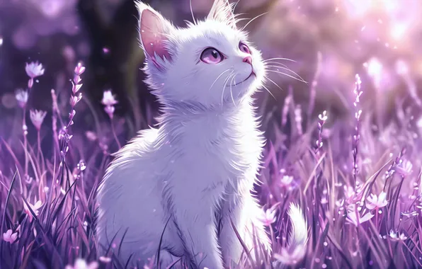 Кошка, Сиреневый, Аниме, Фиолетовый, Арт, Кошка аниме