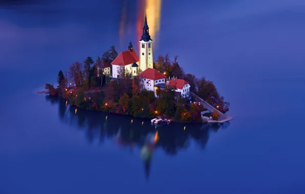 Картинка вода, озеро, остров, церковь, Словения, Lake Bled, Slovenia, Бледское озеро