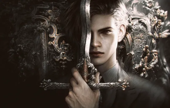 Картинка лицо, меч, арт, прическа, костюм, мужчина