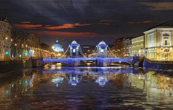 Картинка ночь, река, набережная, иллюминация, украешние, Фонтанка, Санкт Петербург, мост Ломоносова