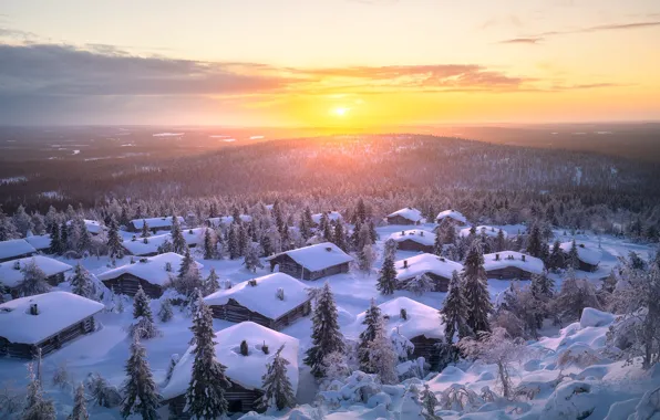 Зима, снег, пейзаж, природа, дома, утро, деревня, леса