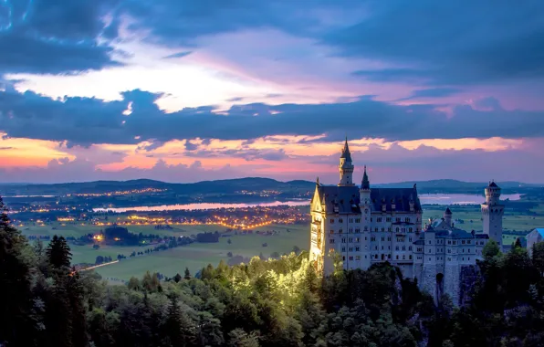 Картинка закат, замок, Германия, долина, Бавария, панорама, Germany, Bavaria