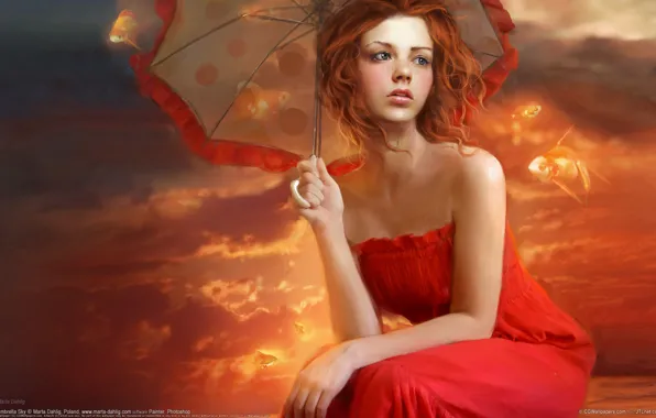 Картинка девушка, рыбки, фантастика, рисунок, зонт, в красном