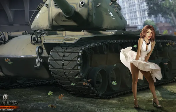Картинка девушка, юбка, танк, girl, USA, танки, WoT, Мир танков