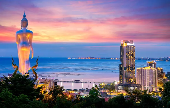 Картинка море, пейзаж, ночь, природа, побережье, здания, дома, Таиланд