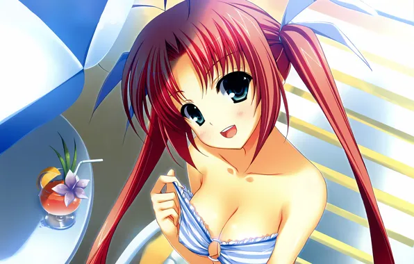 Girl, sexy, cleavage, red hair, long hair, boobs, anime, beautiful