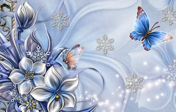 Картинка цветок, коллаж, бабочка, снежинка