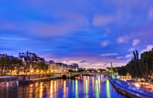 Картинка город, огни, река, париж, вечер