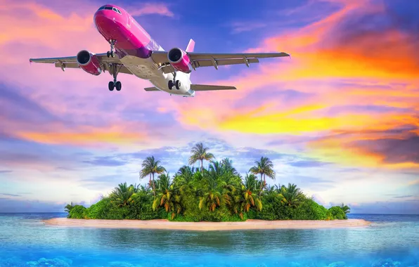 Картинка море, пляж, тропики, Самолет, летящий над островом