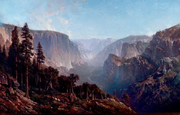 Картинка картина, живопись, painting, Three tourists on horseback in the Yosemite Valley