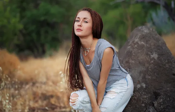 Girl, beautiful, model, jeans, pigtails