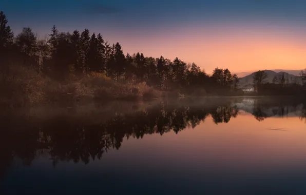 House, twilight, sunset, lake, dusk, village, reflection, mirror