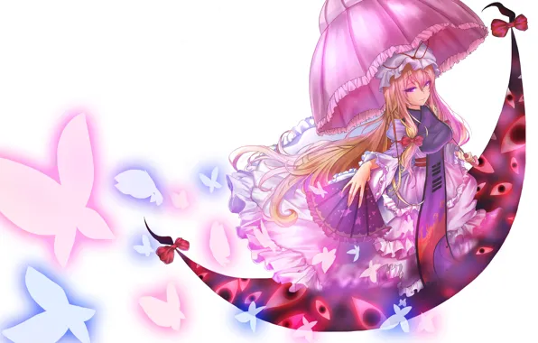 Девушка, бабочки, белый фон, Touhou, Тохо, Тоухоу