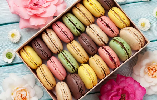 Цветы, подарок, colorful, wood, pink, flowers, macarons, gift box