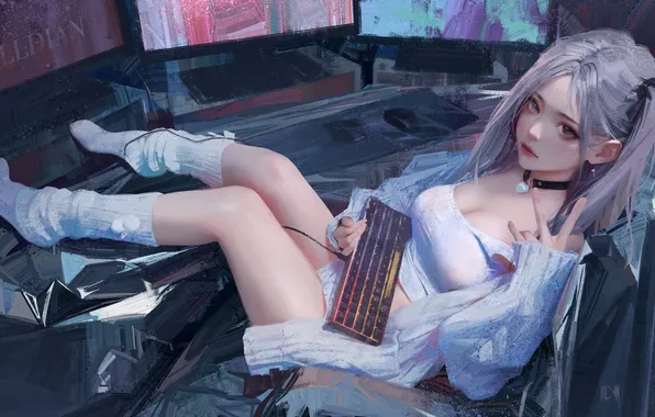 Картинка cleavage, women, painting, digital art, artwork, lying down, looking at viewer, Asian