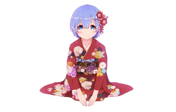 Белый, девушка, фон, кимоно, юката, anime, заколка, art