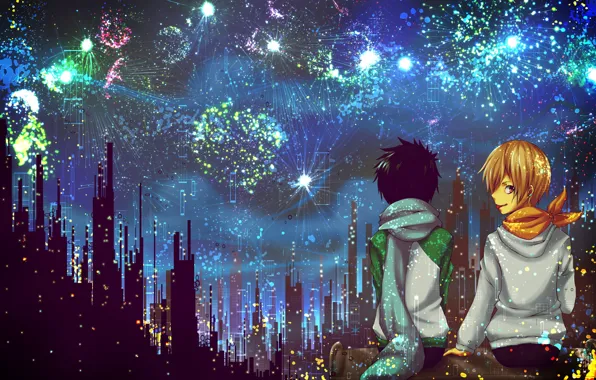 Ночь, город, салюты, Durarara, Дюрарара, Масаоми Кида, Микадо Рюгаминэ