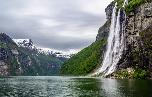 Картинка Природа, Горы, Водопад, Норвегия, Пейзаж, Гейрангер-фьорд, Geirangerfjord, Фьорд