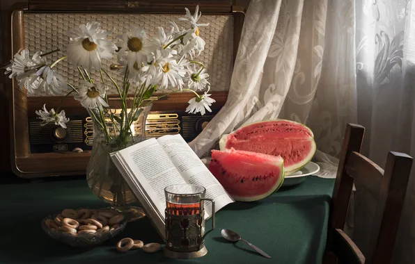 Цветы, чай, ромашки, арбуз, книга, натюрморт