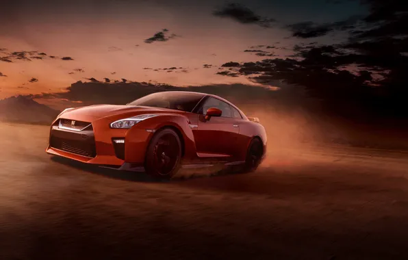 Скорость, пыль, вечер, Nissan, GT-R