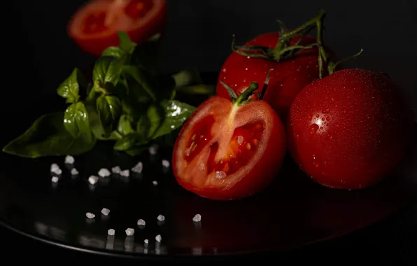 Капли, макро, темный фон, стол, черный фон, помидоры, поднос, соль