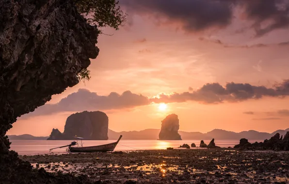 Картинка море, небо, закат, скалы, лодка, Тайланд, Thailand, Krabi