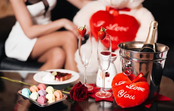 Девушка, романтика, сердце, розы, клубника, шампанское, Valentine's Day