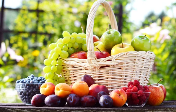 Ягоды, малина, корзина, яблоки, виноград, фрукты, сливы, абрикосы
