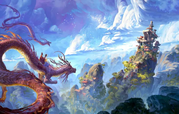 Картинка China, house, fantasy, sky, landscape, nature, clouds, hills