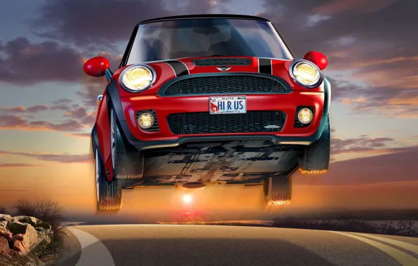Закат, Небо, Красный, Дорога, Рисунок, Фары, Mini Cooper, MINI