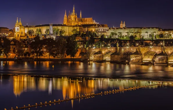 Прага, Чехия, ночной город, Prague, Карлов мост, Czech Republic, Charles Bridge, река Влтава