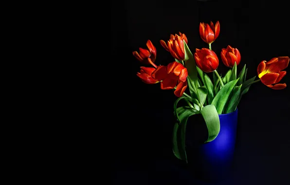 Цветы, букет, тюльпаны, красные, ваза, черный фон