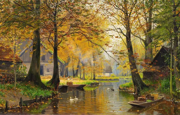 Картинка Walter Moras, немецкий живописец, German landscape painter, Вальтер Морас, oil on canvas, Шпревальд осенью, Spreewald …