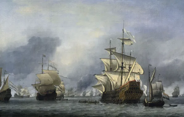 Картинка корабль, масло, картина, парус, холст, Виллем ван де Велде Младший, Захват Флагмана Английского Флота