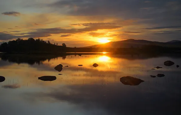 Лес, облака, закат, камни, холмы, берег, водоем