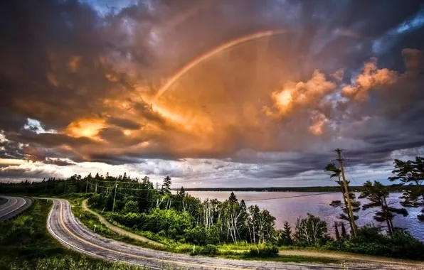 Картинка облака, деревья, радуга, Дорога
