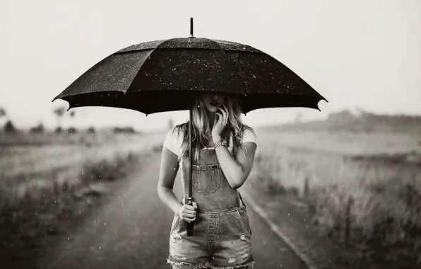 Девушка, фото, дождь, белое, зонт, чёрно