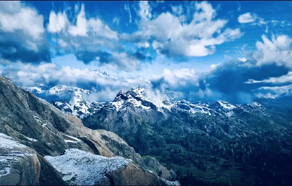 HDR, Clouds, Sky, Landscape, Mountain, Snow, Game, Trees