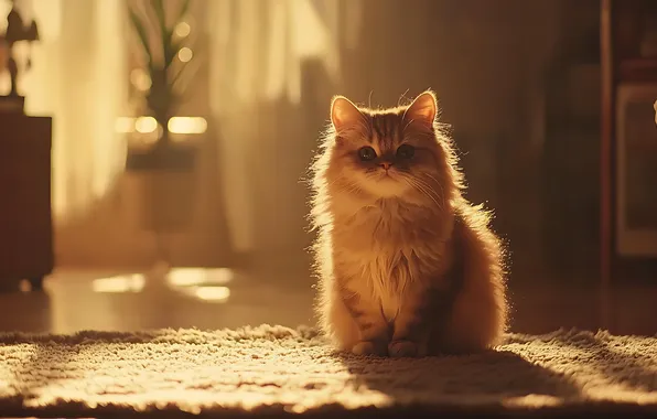 Кошка, взгляд, свет, поза, котенок, комната, утро, окно