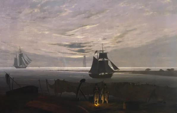 Картинка пейзаж, корабль, картина, костер, Каспар Давид Фридрих, Вечер на Балтике, парцс